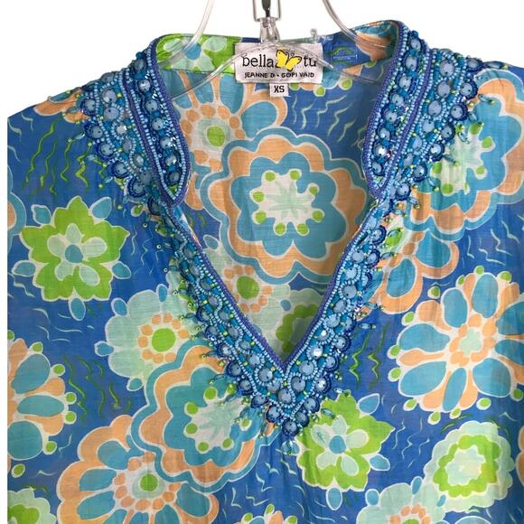 Bella Tu Top Wmns Sz XS Blue Floral V-Neck Beaded Collar Slit Side Pool Coverup - Picture 2 of 12
